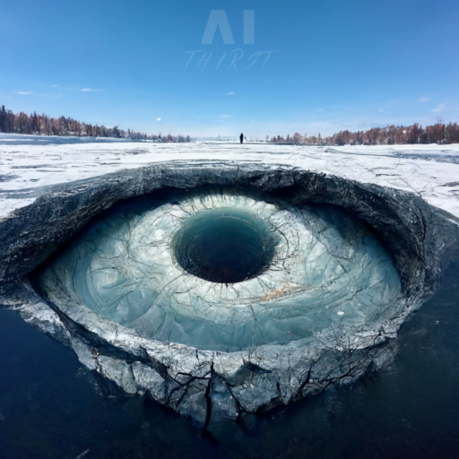 Frozen lake with eye-like formation.
